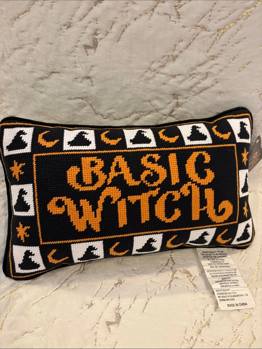BNWT Needle Point Basic Witch Halloween Pillow - Black & Orange Knit Accent